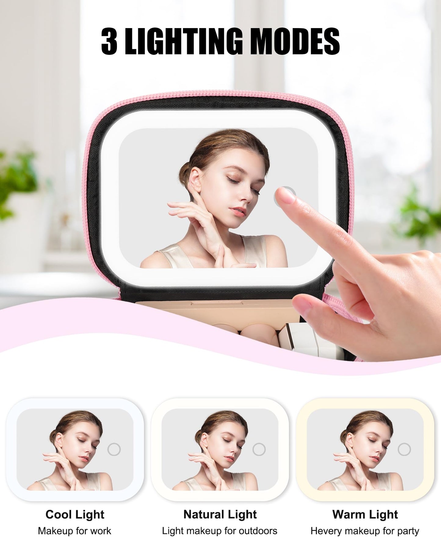 Relavel Mini Makeup Bag with Led Mirror, Small Cosmetic Bag with 3 Light Modes, Rechargeable Portable Makeup Pouch with Hands-Free Wrist Strap for Pool Parties丨Work Touch-Ups丨Travel - Pink Strip