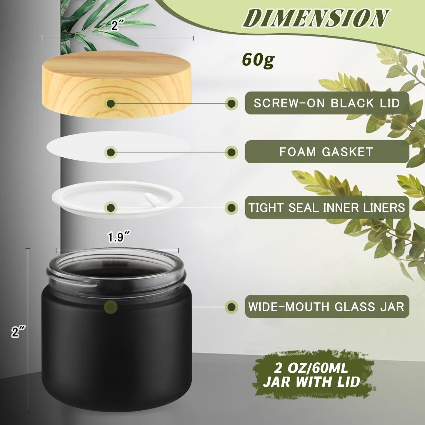 DMuuuDM 12 Pcs 2 Oz Frosted Glass Jar,Empty Refillable Glass Cosmetic Container Jars Holder with Inner liner,Plastic Lid for moisturizer,Foundation,Body Butter Oil,Ointment,Spices (Black)
