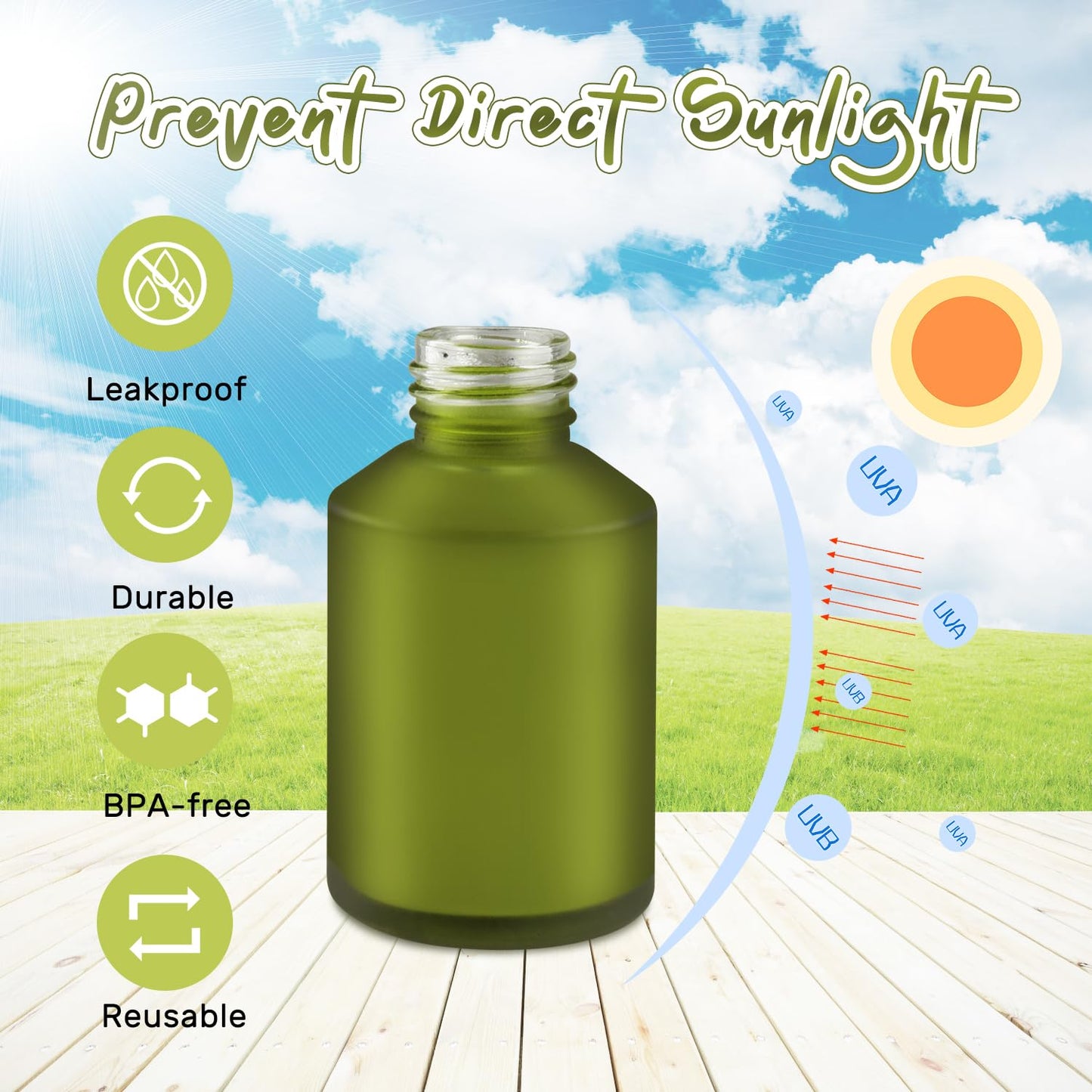 BOSMIOW 5 Pieces 60ml/2oz Empty Green Glass Lotion Pump Bottles,Refillable Essential Oil Jars with 1 Funnel and 1 Pipette,Cosmetic Sample Containers for Foundation,Cream,Gel,Shampoo