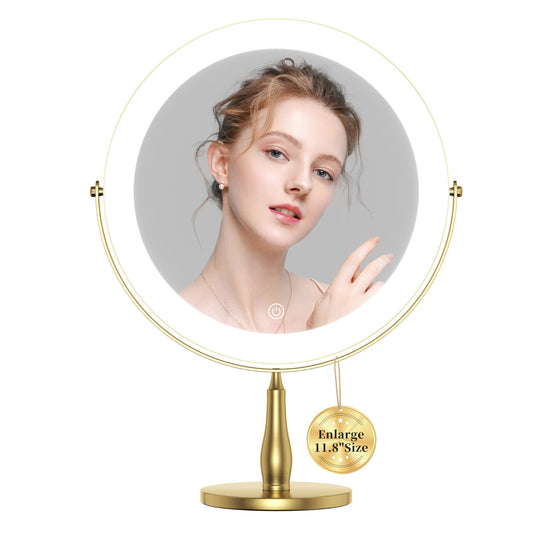 DEXHOM 11.8" Extra Large Lighted Makeup Mirror, 1X/10X, 2-Sided Magnifying Mirror with 96 LEDs, 3 Color Dimmable Lights, 360° Swivel, LED Vanity Mirror, White - Great Gift Gold