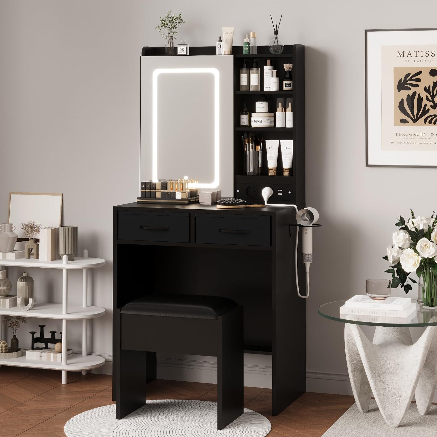 Black Makeup Vanity Desk with Mirror and Lights, Vanity Table Set with Charging Station, Dressing Table with Stool, 2 Drawers, Open Shelves, Power Outlets & USB Ports, Vanity Desk with RGB Cabinets