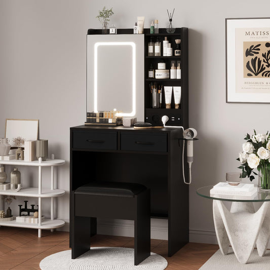 Black Makeup Vanity Desk with Mirror and Lights, Vanity Table Set with Charging Station, Dressing Table with Stool, 2 Drawers, Open Shelves, Power Outlets & USB Ports, Vanity Desk with RGB Cabinets