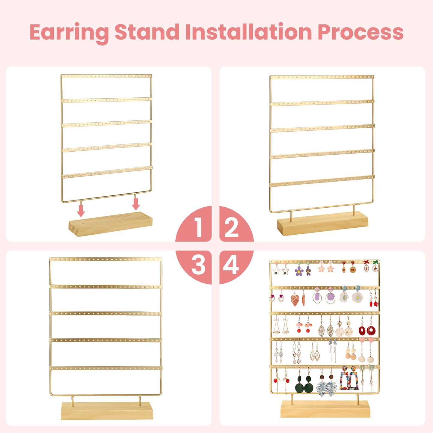 RUINENGDA Jewelry Organizer, 5 Tiers Earring Organizer with 120 Holes for Storing and Displaying Earrings of Various Styles, Models and Sizes, Removable Wooden Base for Home and Store Use