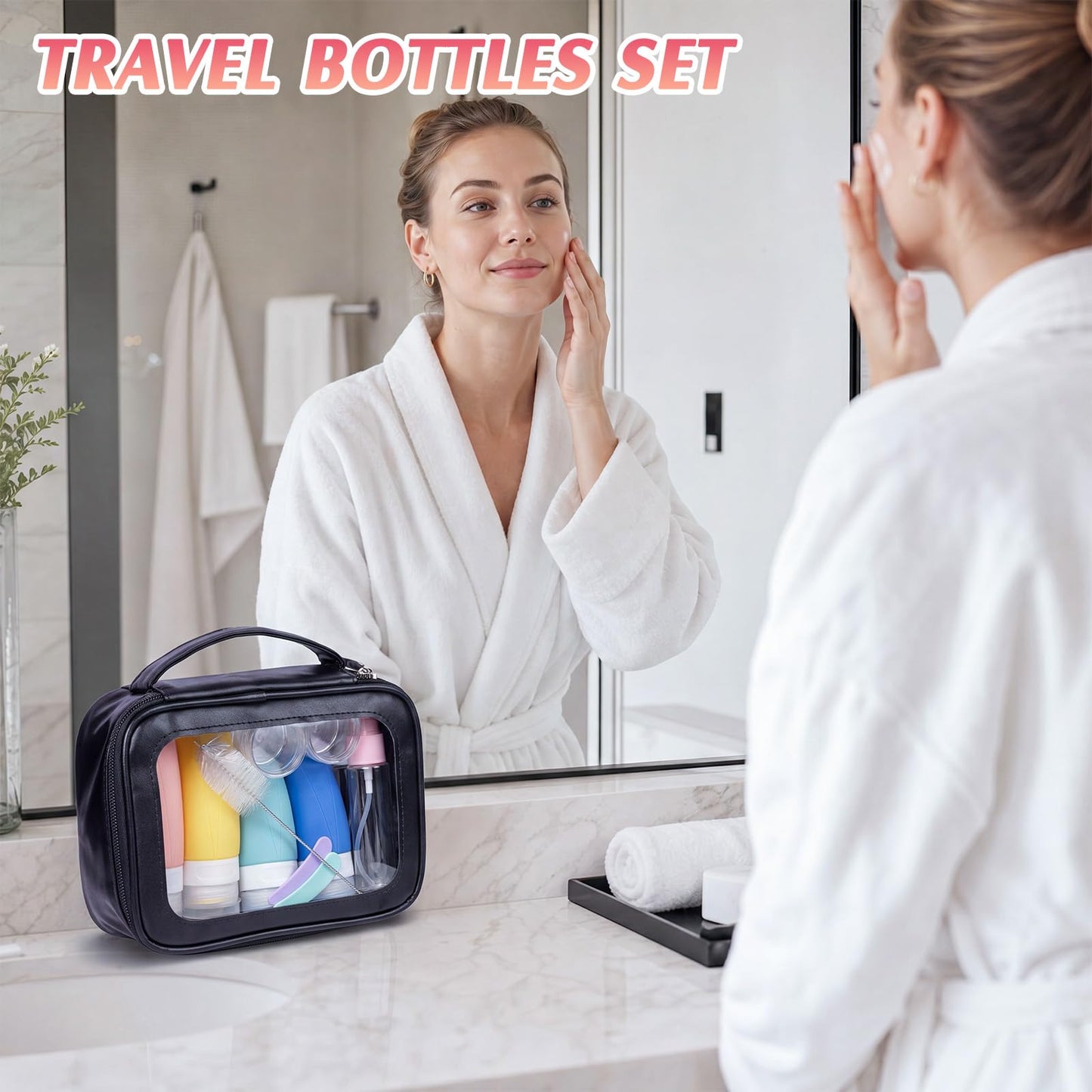 Jingmore 15 Pcs Travel Bottles Set for Toiletries PU Leather Toiletry Bag Travel Size Mini Makeup Containers Silicone Toiletry Bottles Pump Spray for Liquid Serum Cream Lotion Skincare Shampoo(White)