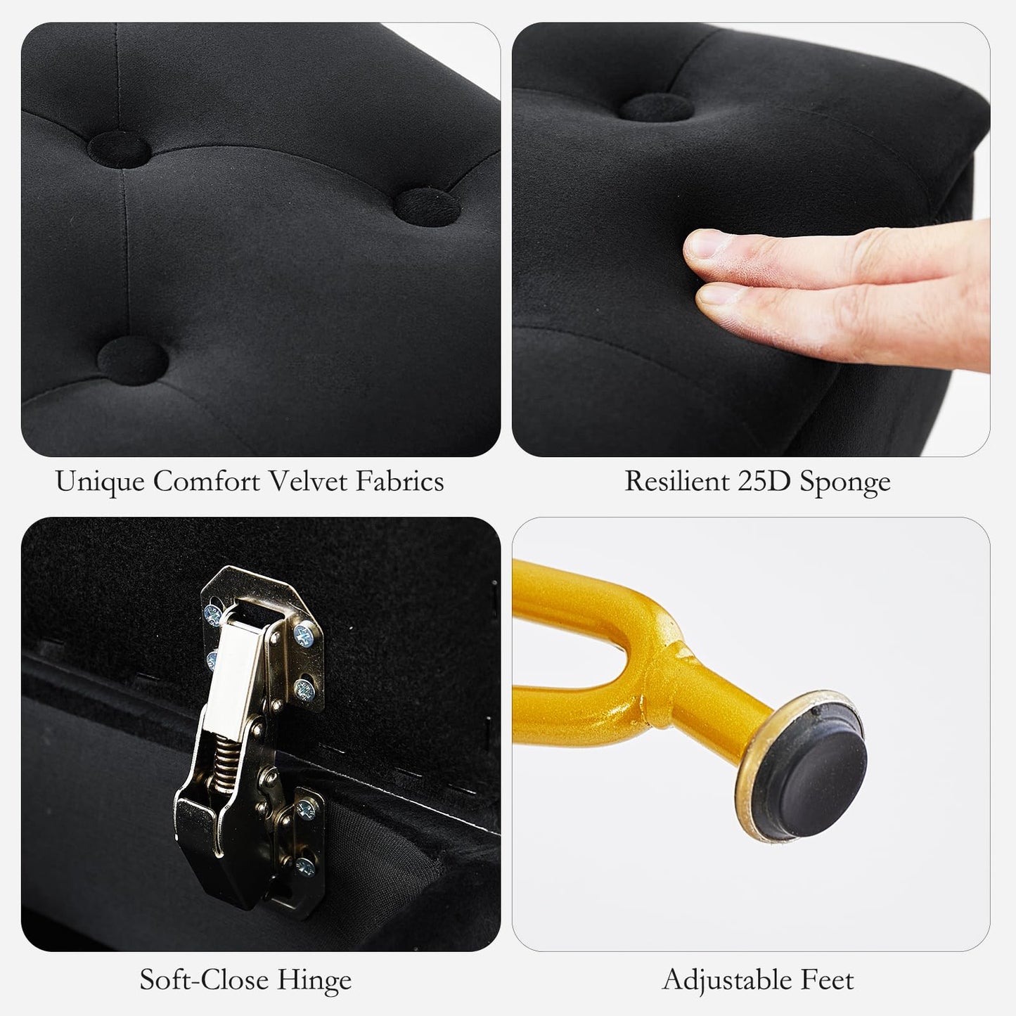 ALeesing Vanity Stool with Storage, Velvet Makeup Stool with Flip Top, Square Ottoman Chair with Metal Legs & Adjustable Feet for Bedroom Living Room, Black