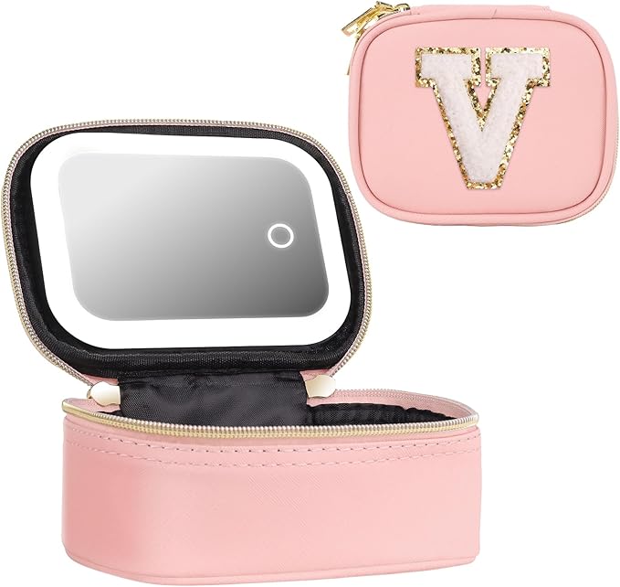 Mini Initial Makeup Bag With Led Mirror With Lights Gifts For Women Girls, Small Makeup Box For Travel Gift, Cosmetic Bag Make Up Organizer Personalized Bags Birthday Christmas Gifts For Womens (V)