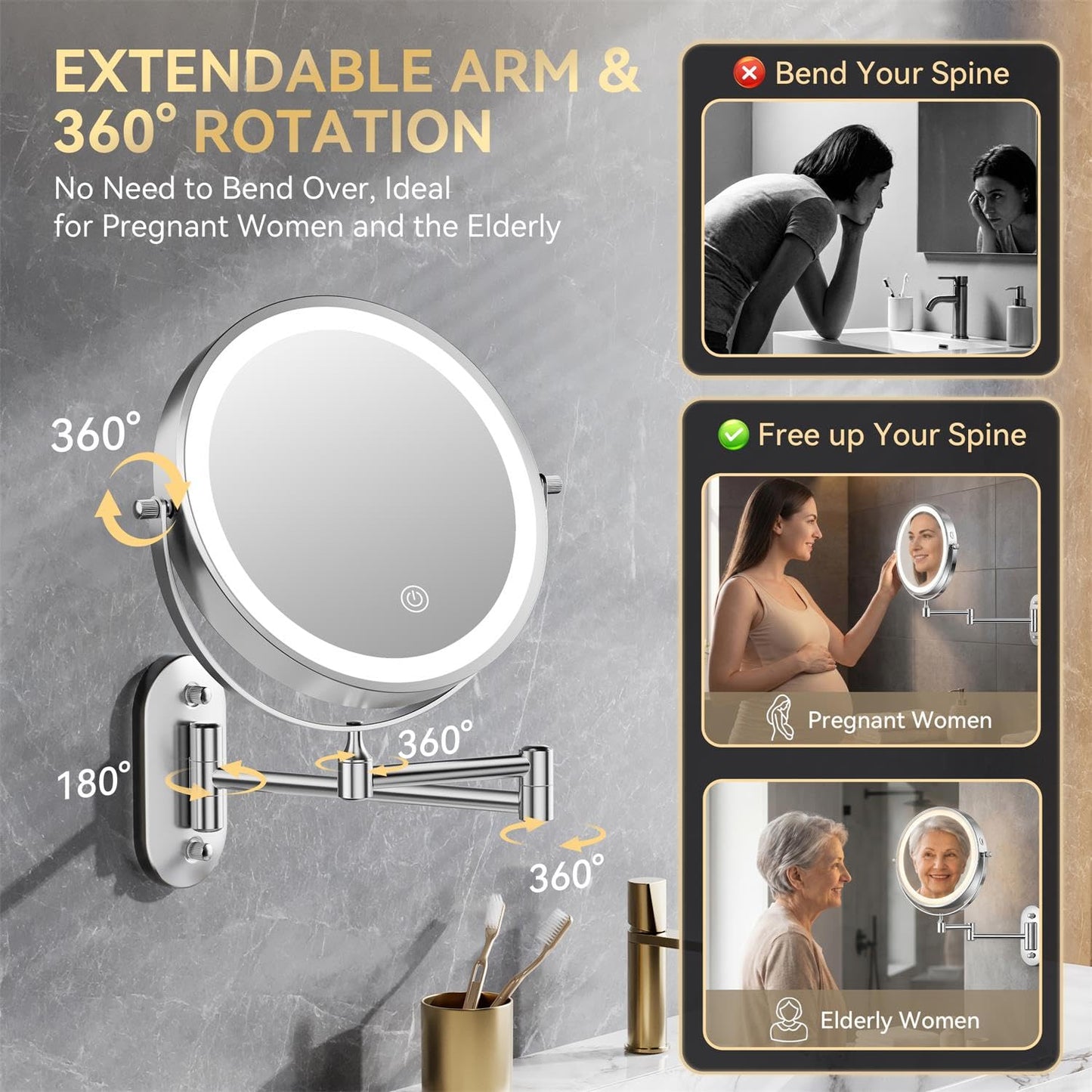 Auxmir 8'' Wall Mounted Lighted Makeup Mirror, 3200mAh Rechargeable Double-Sided 1X/20X Magnifying Mirror with Light, Touch Dimmable 3 Color Light, 360° Rotation Foldable Extended Arm, Chrome