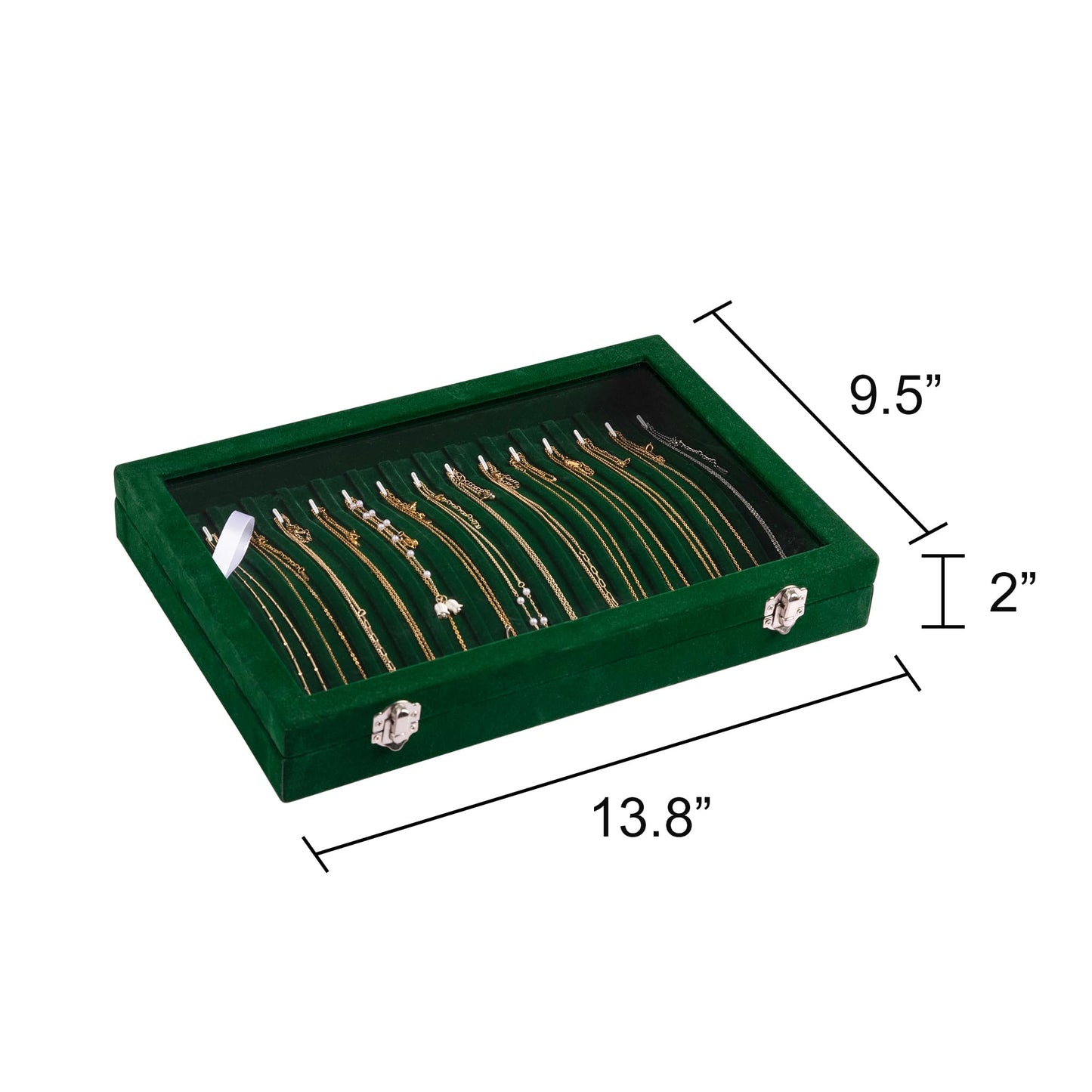 Frebeauty 15 Hooks Necklace Tray Velvet Neckalce Organizer with Clear Lid Lockable Necklace Holder Box Jewelry Organizer for Pendants Chains Necklace Jeweley Tray for Women Girl (Blackish Green)