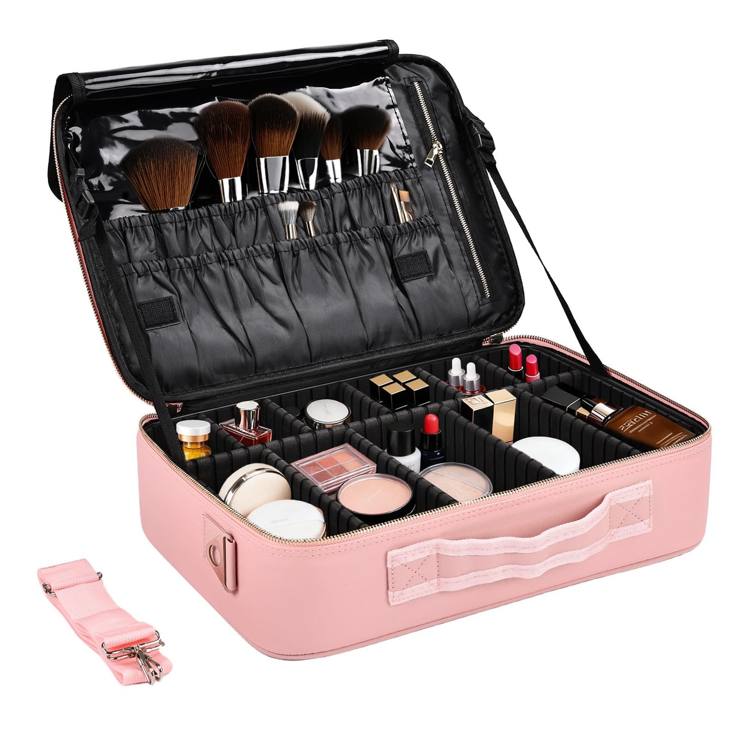 Large Travel Makeup Case, Professional Makeup Train Case Organizer for Women, Cosmetic Brush Bag Holder Waterproof Makeup Artist Storage Box with Adjustable Dividers and Shoulder Strap, Leather Pink