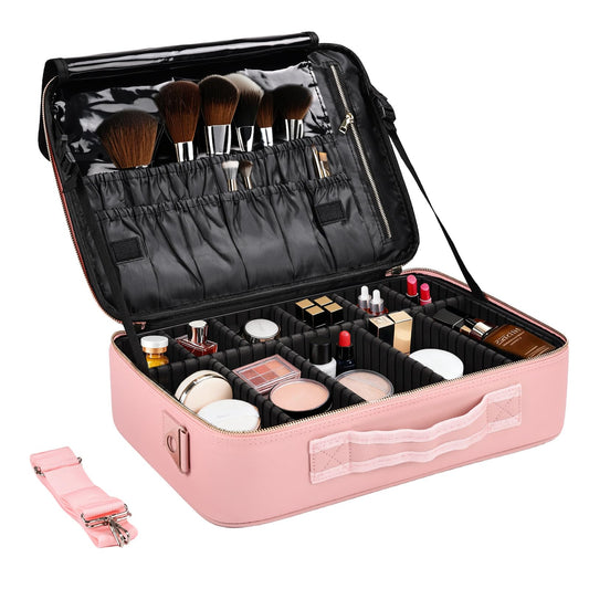 Large Travel Makeup Case, Professional Makeup Train Case Organizer for Women, Cosmetic Brush Bag Holder Waterproof Makeup Artist Storage Box with Adjustable Dividers and Shoulder Strap, Leather Pink