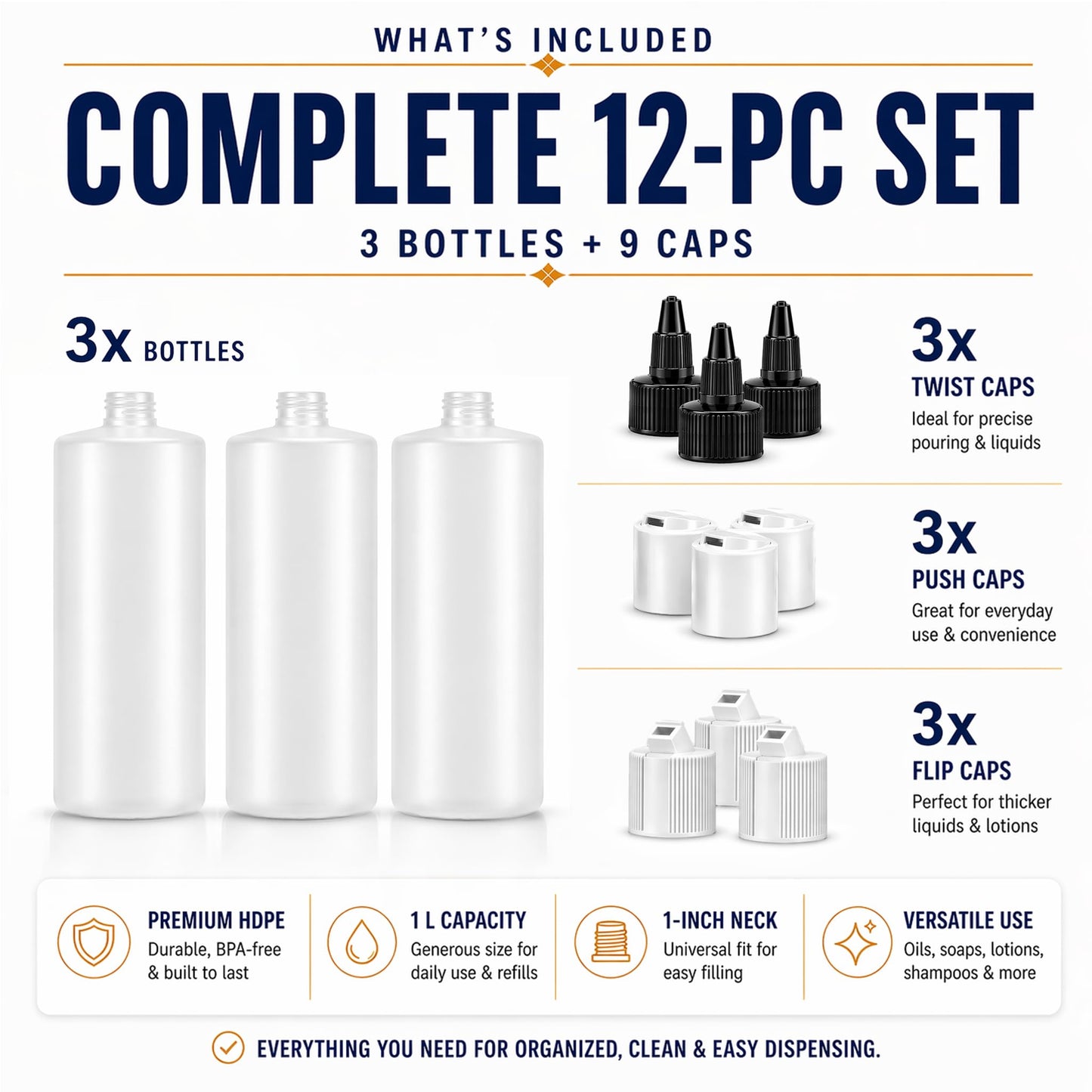 Bar5F 33.8oz 3-Pack Large HDPE Plastic Bottles with 9 Caps in 3 Styles | Pump, Squeeze, Squirt | Shampoo, Conditioner, Condiments, Ketchup, Bleach, Cleaners, Alcohol, Food Safe | BPA-Free, 1 Liter