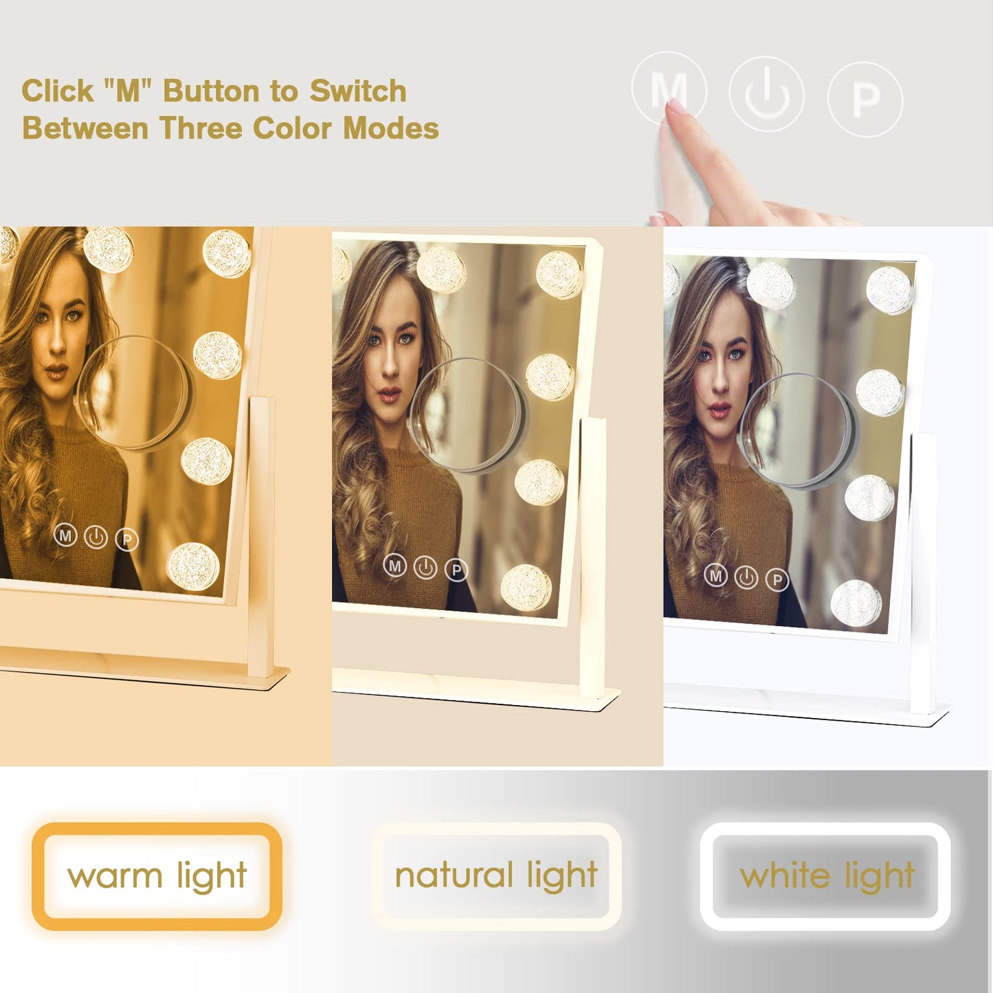 BWLLNI Vanity Mirror with Lights, Hollywood Lighted Makeup Mirror with 3 Color Modes and 9 Dimmable Diamond LED Light Bulbs, Detachable 10X Magnification, 360° Rotation, Touch Control, White