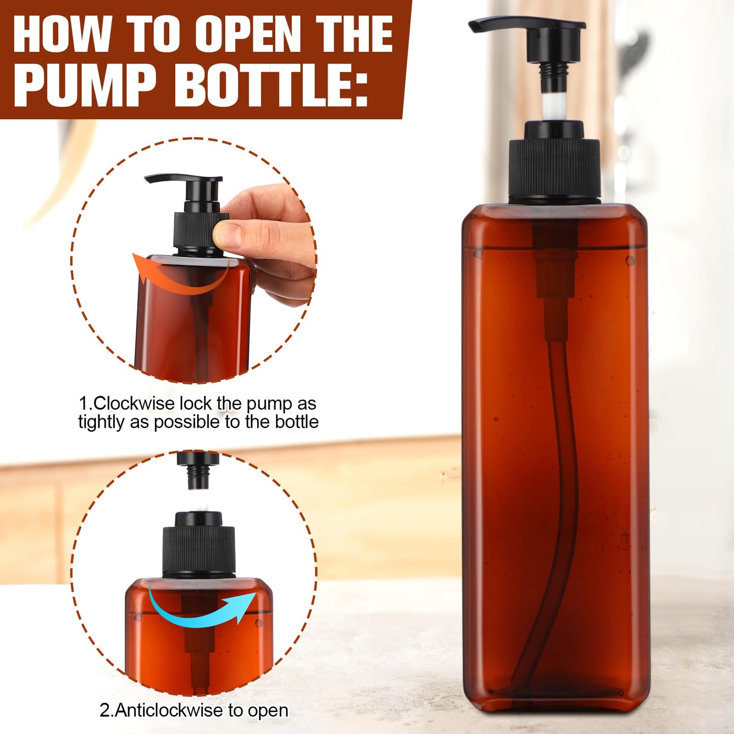 Didaey 8 Pcs Amber Plastic Bottles with Pump 16 oz Refillable Shampoo Dispenser Empty Body Wash Soap Conditioner Lotion Bottles for Bathroom, Kitchen Sink, Hotel, Salon, Cosmetic