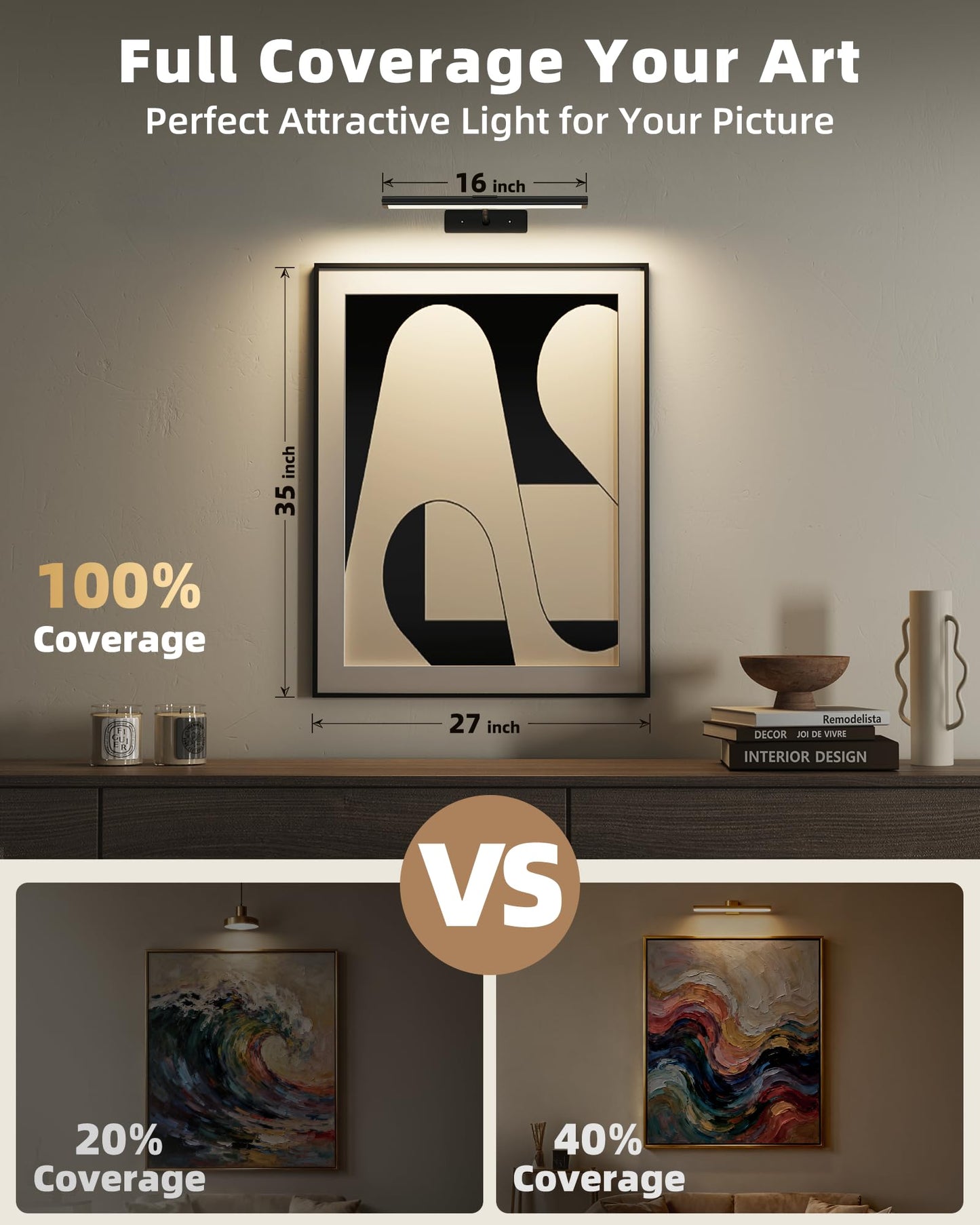 EZVALO Picture Light for Wall, 4800mAh 16'' Rechargeable Wireless IR Remote Built in Battery Lights for Painting, Dimmable Magnetic LED Art Display Light, Colors Temperatures, for Gallery, Living Room