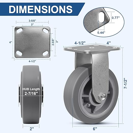 6"x2" Rubber Wheels (Flat Tread)- Heavy Duty Casters, Industrial Caster Wheels- Set of 4 with up to 4000 LB Capacity- Use for Dollies, Workbench(4 Rigid)