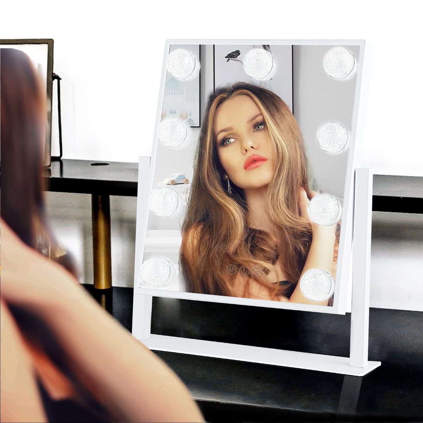BWLLNI Vanity Mirror with Lights, Hollywood Lighted Makeup Mirror with 3 Color Modes and 9 Dimmable Diamond LED Light Bulbs, Detachable 10X Magnification, 360° Rotation, Touch Control, White
