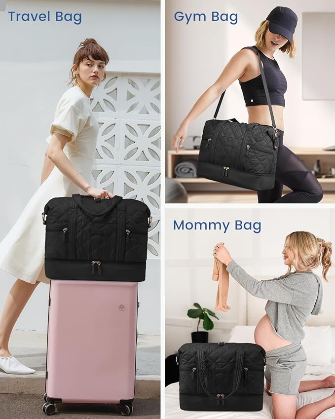 LOVEVOOK Travel Duffle Bag, Lightweight Weekender Bags for Women with Shoe Compartment, 40L Puffer Gym Bag Personal Item Travel Bag, Overnight Bags and Hospital Bag for Labor and Delivery, Black