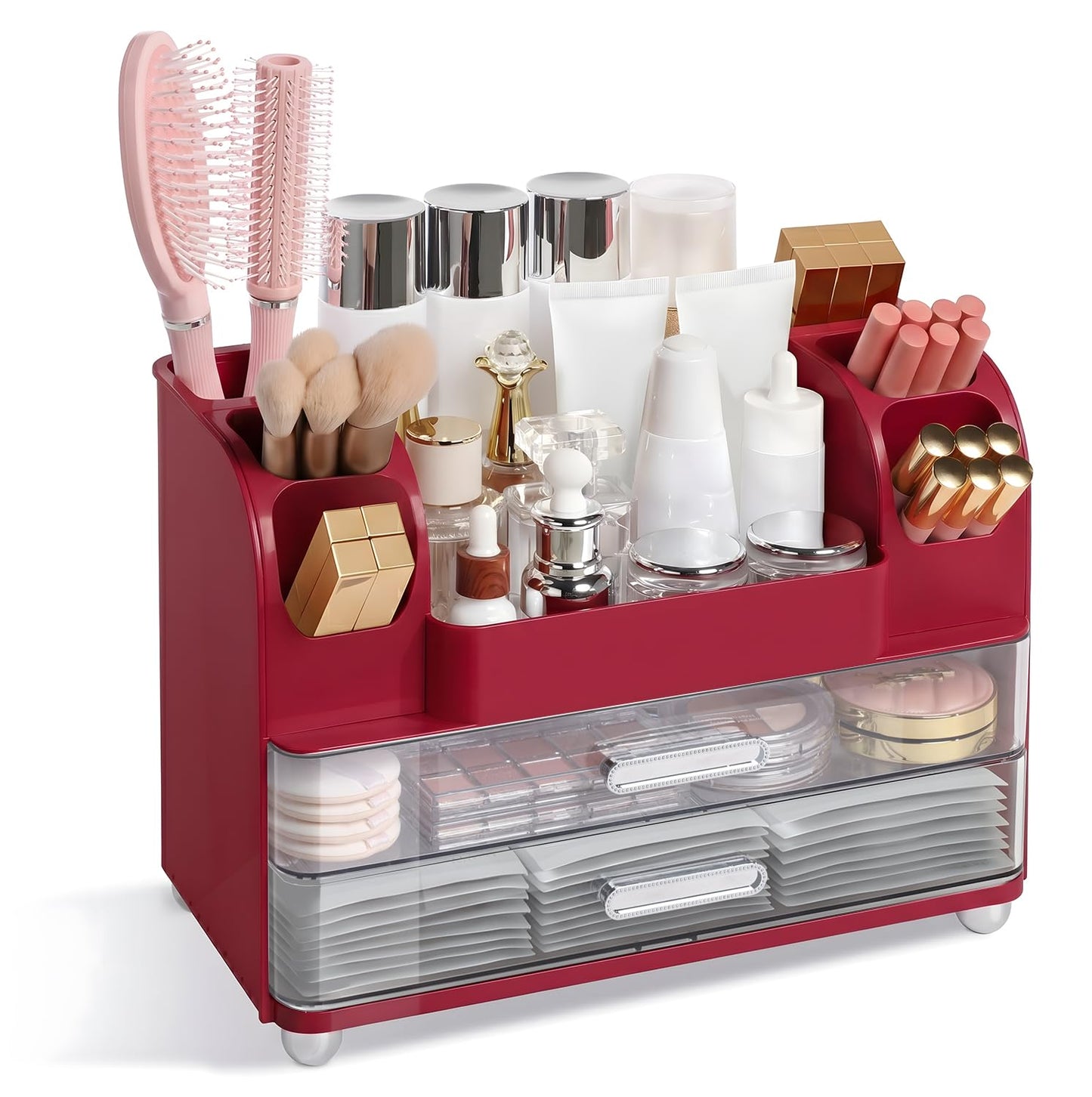 Brothersbox Makeup Organizer for Vanity with 2 Large Drawers and 6 Brush Holders, Large Bathroom Countertop Cosmetic Storage for Skincare, Lipstick, Nail Polish, Perfume, Gift for Women, Red