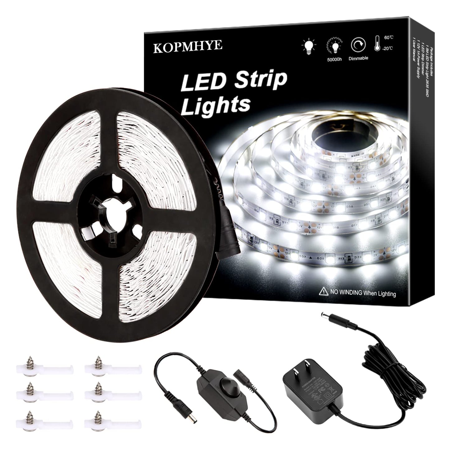 KOPMHYE 5M Dimmable LED Strip Lights Kits, 12V Tape Light, 300 2835 LED, 16.4ft 6000K Daylight White Ribbon with Power Adapter, Light Strips for Under Bed, Vanity Mirror, Cabinet, Non-Waterproof