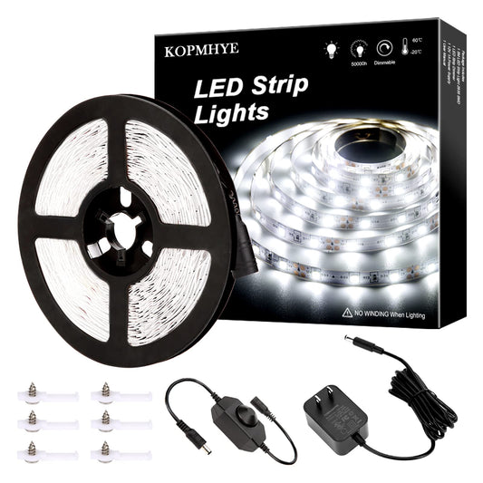 KOPMHYE 5M Dimmable LED Strip Lights Kits, 12V Tape Light, 300 2835 LED, 16.4ft 6000K Daylight White Ribbon with Power Adapter, Light Strips for Under Bed, Vanity Mirror, Cabinet, Non-Waterproof
