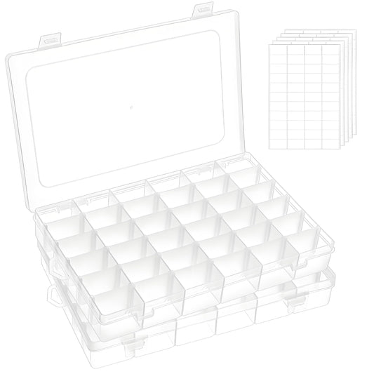 Umirokin Small Parts Organizer Box 2 Pack, 36 Grid Bead Organizer with Adjustable Dividers, Plastic Organizer Box for Screws, Jewelry Making, Craft Storage, Fishing Tackle, Clear Compartment Container