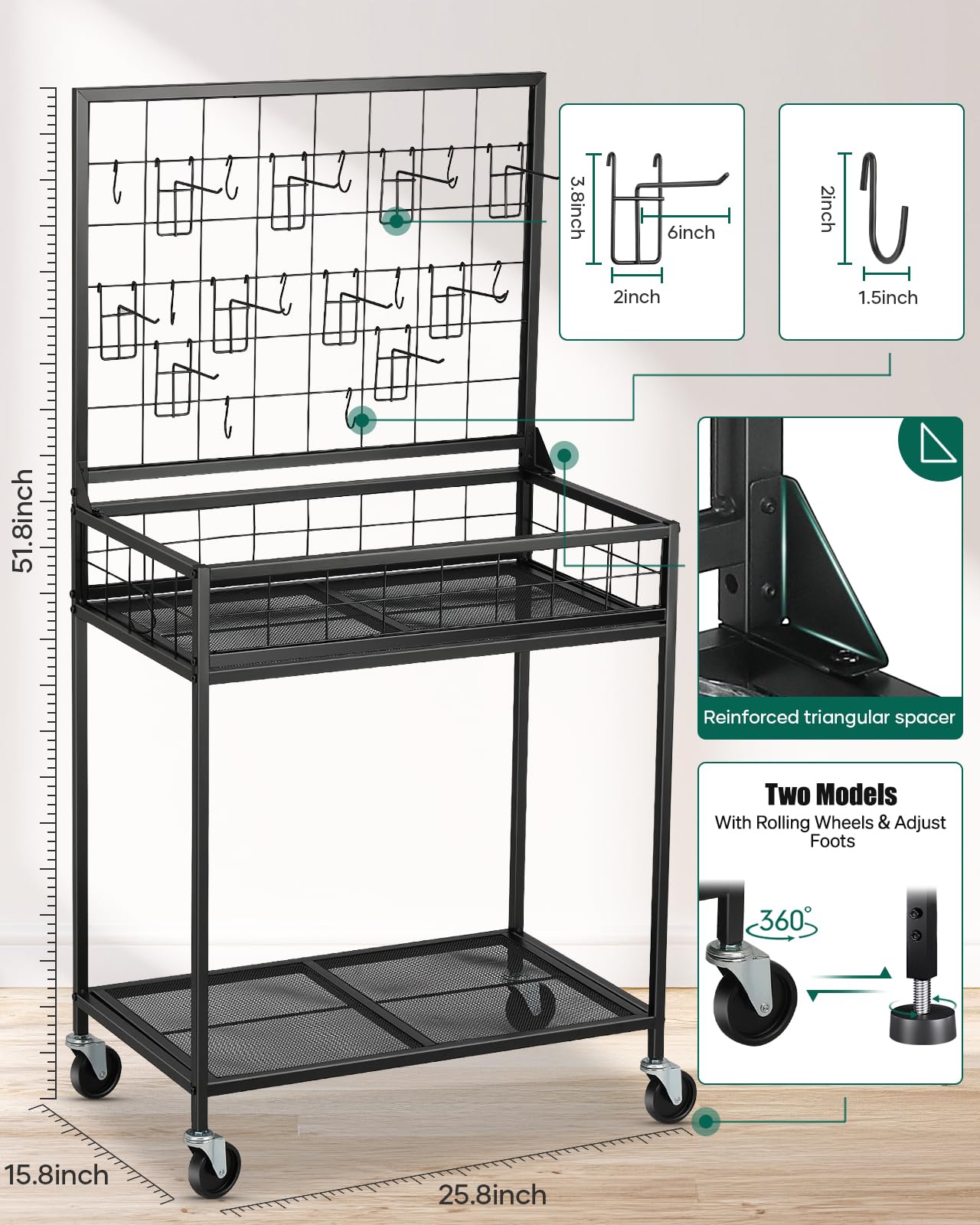 AHOWPD Grid Wall Panels Display Cart - Rolling Heavy Duty Metal Wire Grid Wall Display Stand Rack with 10 Hooks & 10 S Hooks for Craft Shows, Retail Art Fair and Flea Market (Black Cart, 1 pc)