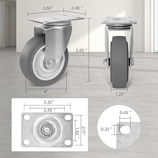 4 Inch Caster Wheels, Rubber Wheels Silent Castor- Set of 4 Heavy Duty Caster Wheels with Brake 1600Lbs, Industrial Plate Casters Wheels for Cart Furniture Workbench (2 Swivel & 2 Rigid)