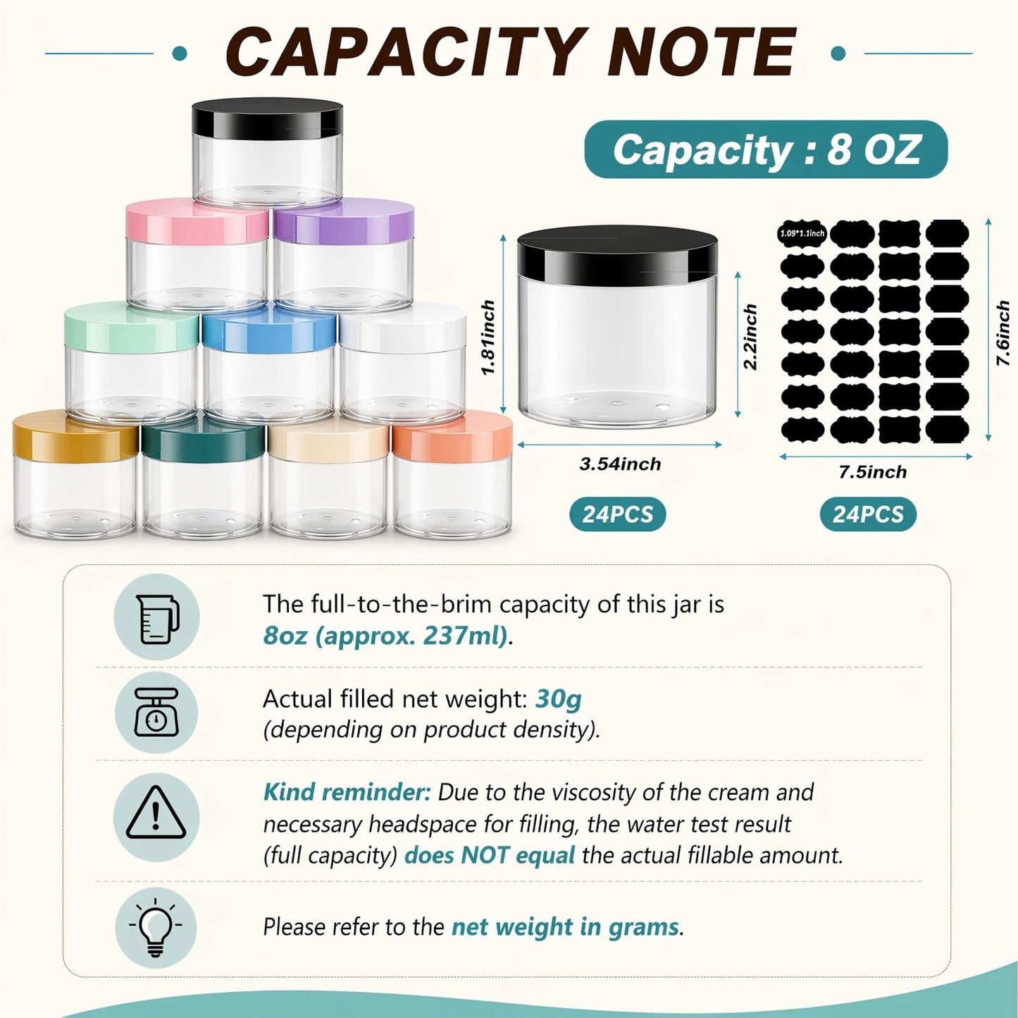 Dandat 24 Pcs 8 oz Plastic Jar Container with Lid and Label Refillable Empty Round Black PET Cosmetic Sample Slime Containers for Lotion, Cream, Ointments, Body Butter, Makeup, Travel Storage