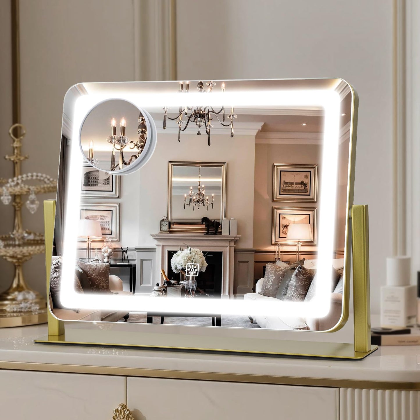 Vanity Mirror with Lights, 16"×12.4" LED Makeup Mirror, Rounded Frame, 10X Magnification, Smart Touch with 3-Color Lighting, Dimmable, 360° Rotation, Lighted Up for Makeup Desk, Bedroom (Gold)