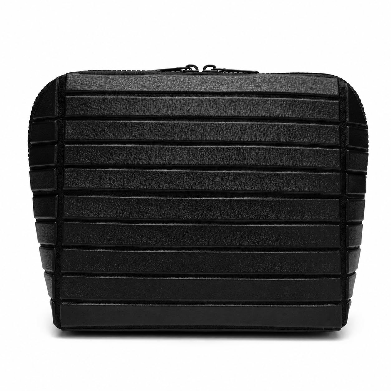 Travel Makeup Bag for Women, Fold Down Stand-Up Striped Makeup Organizer with Adjustable Dividers, 27 Pockets, 3 Brush Holders, Waterproof PVC Cosmetic Toiletry Bag for Travel, Black