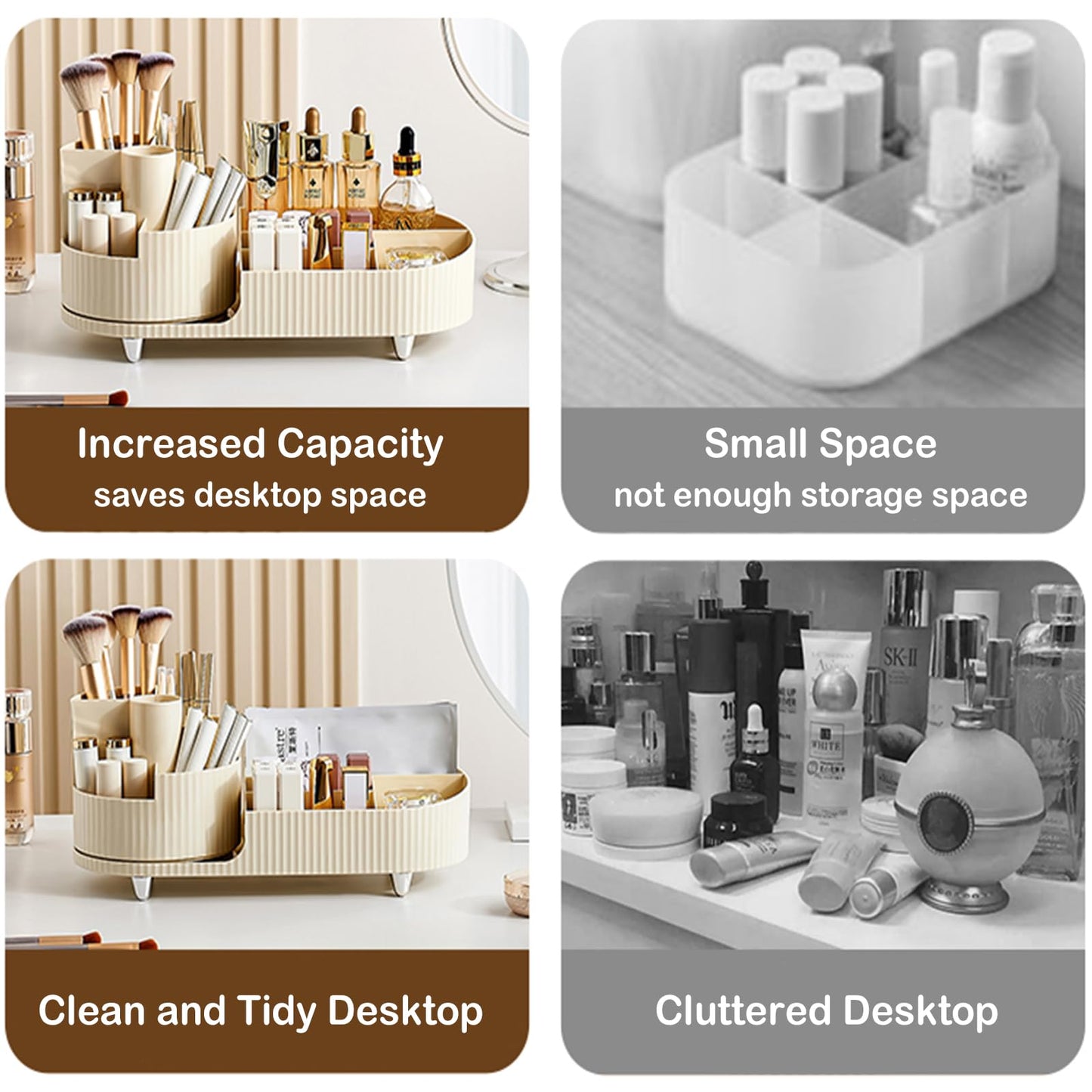 Rotating Makeup Organizer for Vanity with Brush Holder, Cosmetic Makeup Storage Organizer, Large Spinning Makeup Skincare Organizer, Countertop Makeup Perfume Organizer, Lotions Display Case Ivory