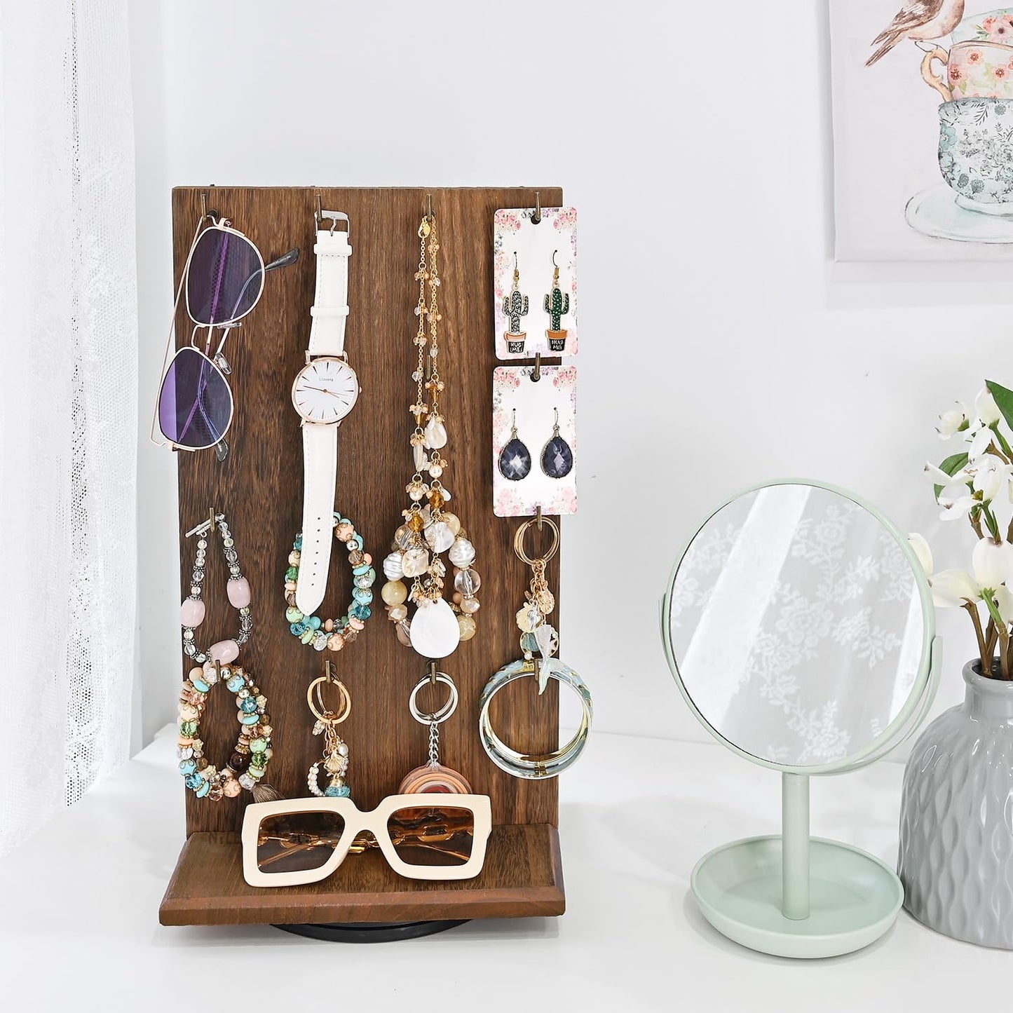 MOOCA Wooden Rotating Two-Sided Jewelry Display Stand, Rotating Organizer with 32 Long Hooks for Store, Keychain Earring Display, Brown color, 9.1W x 7.5 D x 17.1 H in