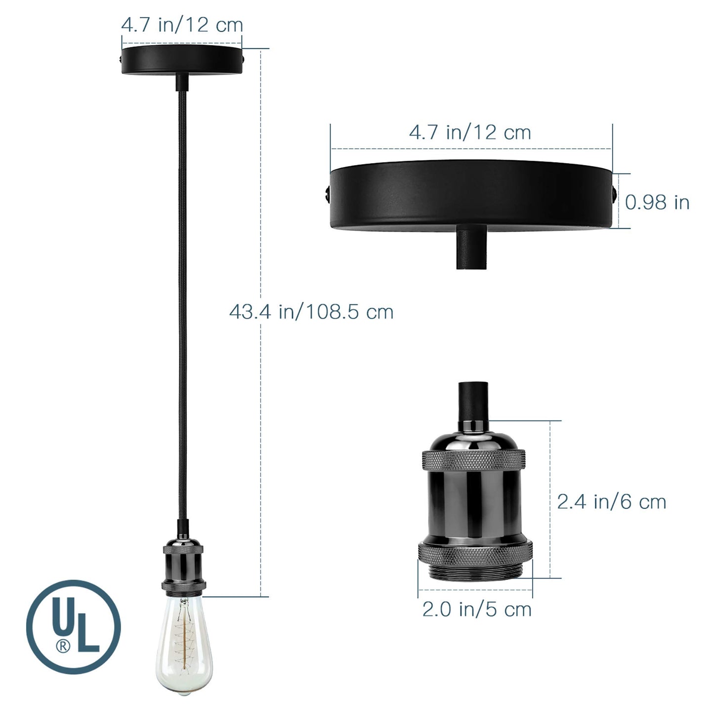 JACKYLED Pendant Light Kit UL Canopy Kit Copper Socket E26 E27 Lampholder Black Woven Fabric Pendant Light Cord Adjustable Ceiling Lighting (Pearl Black)