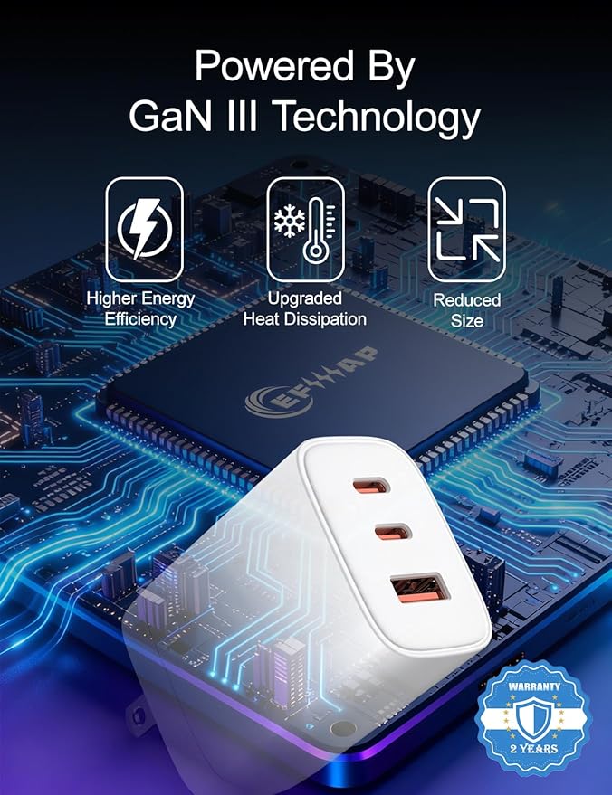 65W USB C Charger Block, 3-Port Foldable Type c Fast Charging for MacBook Air MacBook Pro 14 15 16 17, iPhone 17/16/15/14, Galaxy S25/S24/S23, iPad, AirPods & More(1Pack with Cable)