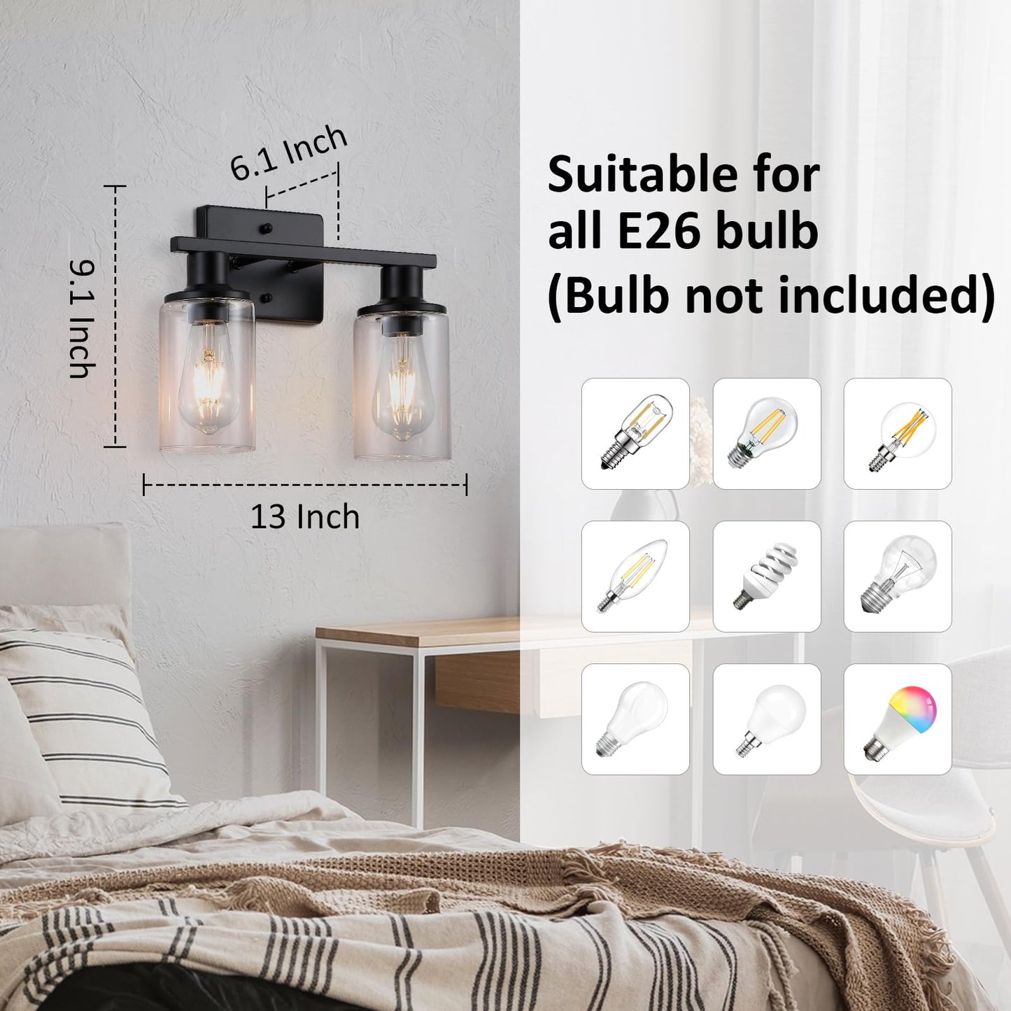 Litaddscen 2-Light Matte Black Bathroom Vanity Light,Bathroom Light Fixtures Over Mirror with Clear Glass Shade,Modern Farmhouse Wall Sconces Lighting for Kitchen Living Room Cabinet