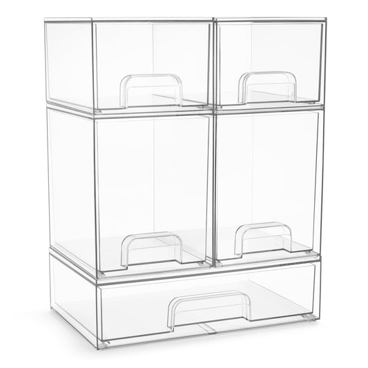 Sorbus Acrylic Storage Containers - 5 Pack, Stackable Storage Bins Set for Bathroom Organization - Clear Acrylic Drawer Organizers - Makeup Case Pull-Out Drawers (7.6’’ and 4.4’’ Tall and 12.1’’ Wide)