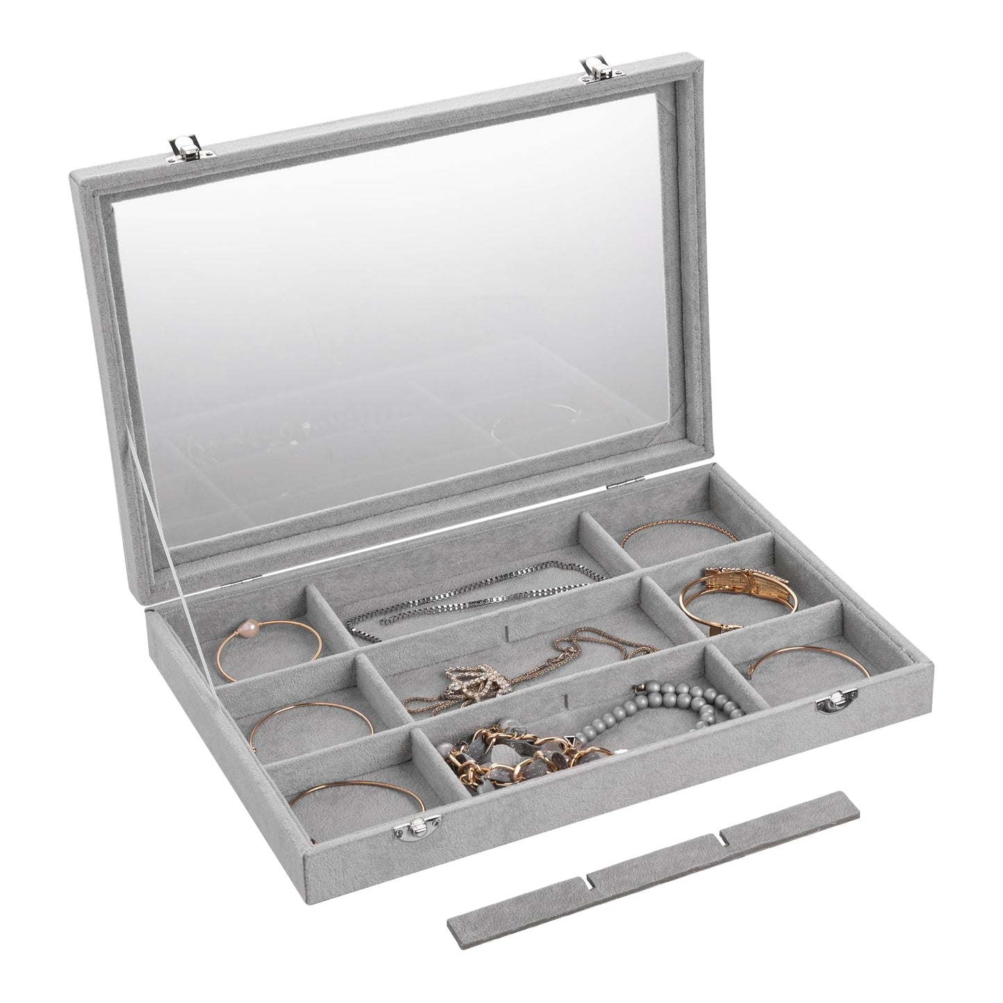 Frebeauty Velvet Jewelry Tray,12 Grid Jewelry Organizer with Clear Lid,Bracelets Holder,Jewelry Display Case with Clasp,Drawer Insert Bangle Brooch,13.8 x 9.5 x 2 Inches,Gift for Women Girls(Grey)