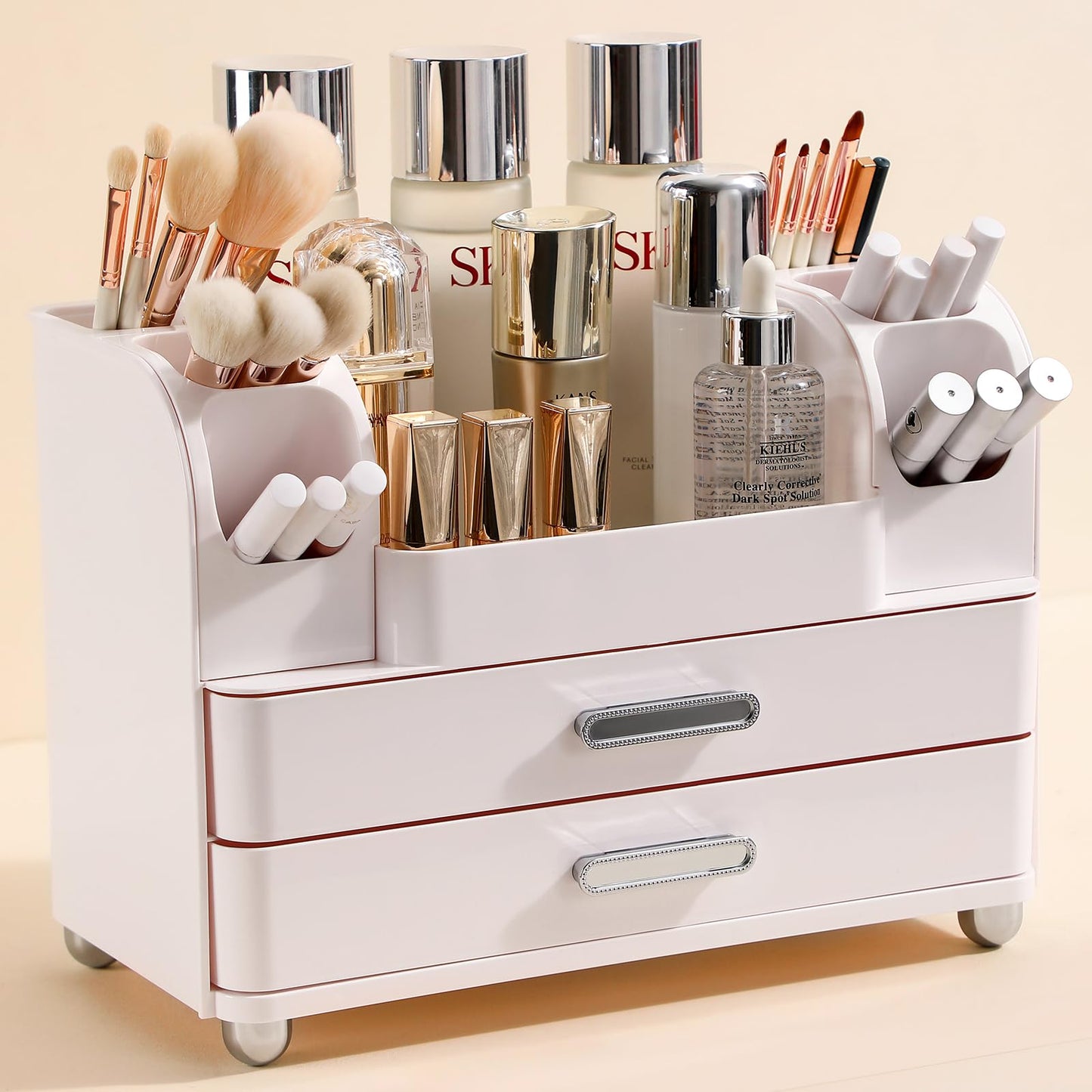 Anyoifax Makeup Organizer Countertop with Large Drawers, Vanity Organizer with Brush Holder, Skin Care Storage for Dresser, Perfume Organizer for Lotion, Lipsitck, Palette, All White