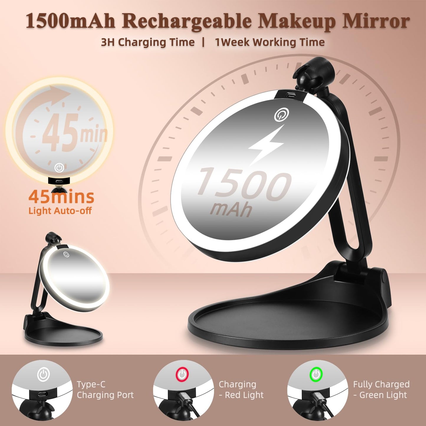 Travel Makeup Mirror with Lights,6" Portable Lighted Vanity Mirrors for Desk/Travel,1X+40X Double Sided Dimming LED Mirror with Adjustable Foldable Stand,Powerful Magnifying Only for Details Checking