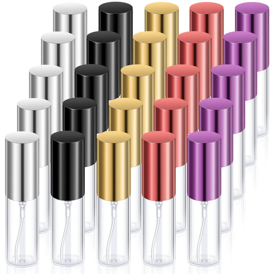 Yinder 25 Pcs 5ml Travel Spray Bottle Refillable Perfume Atomizer Bulk Glass Mini Cologne Perfume Bottles Empty Fine Mist Portable Small Sample Containers(Black, Red, Purple, Gold, Silver)