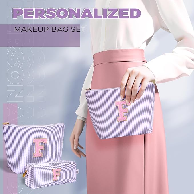 Personalized Makeup Bag for Women Girls - Fashion Cosmetic Bag Trendy Travel Toiletry Bag with Initials Letter - Teen Gifts - Lavender,F