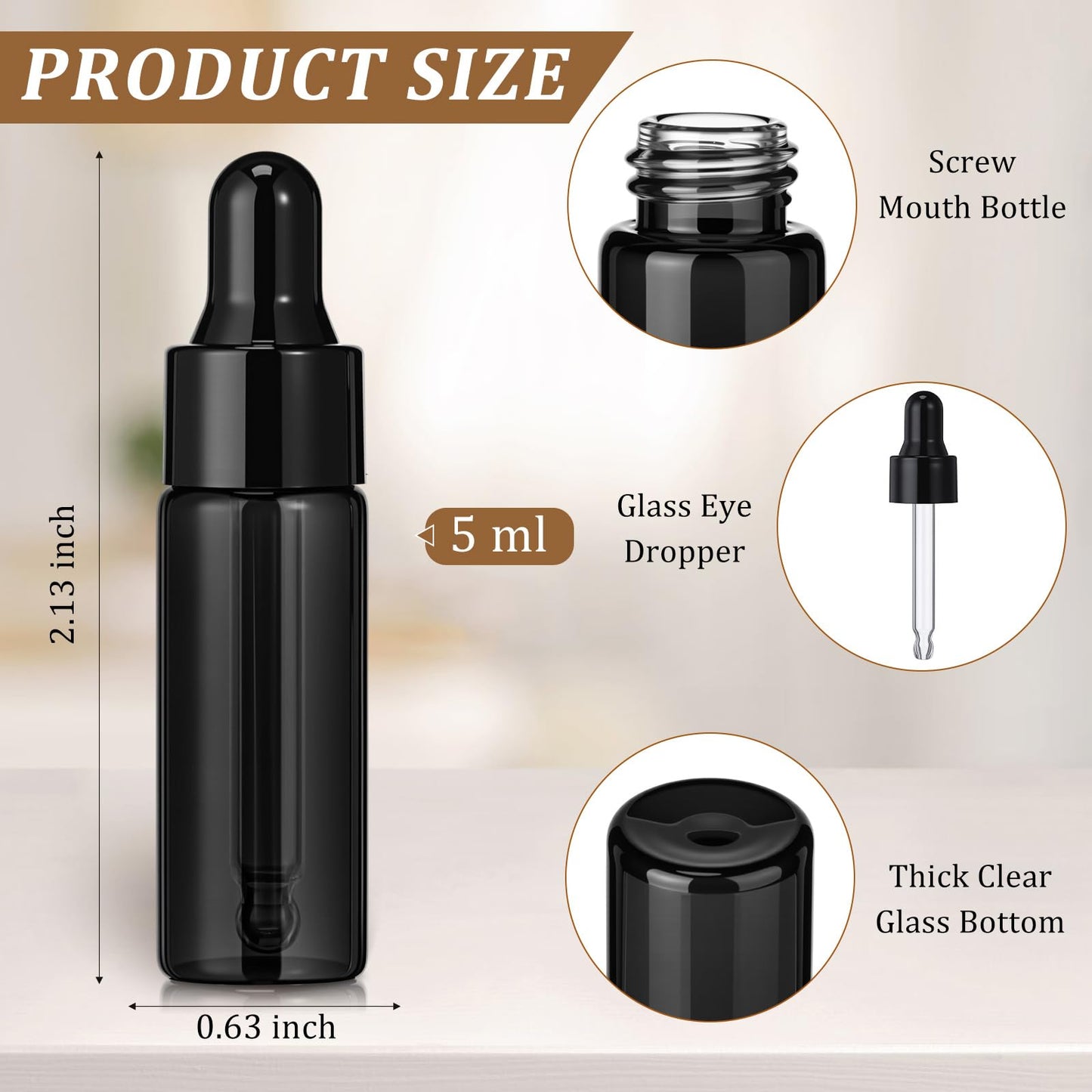 Bokon 100 Pcs Glass Dropping Bottles Mini Essential Oil Dropper Bottles Empty Sample Vials with Black Cap Tiny Storage Jars with Dropper for Perfumes Cosmetic Liquid Aromatherapy Lab(Black,5 ml)