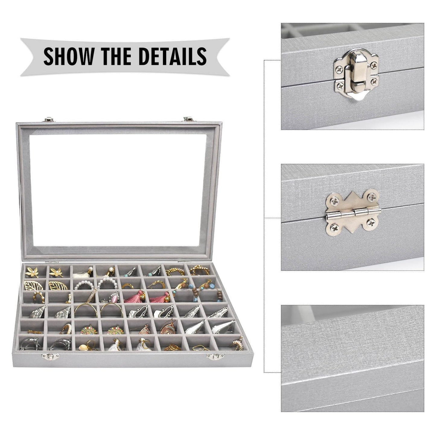 Siveit Jewelry Tray Organizer Box 48 Grid Jewelry Display Organizer Box with Transparent Lid Rings Earrings Necklaces Pendants Display Box Suitable for Women and Girls (48 Grid, Silver Grey)