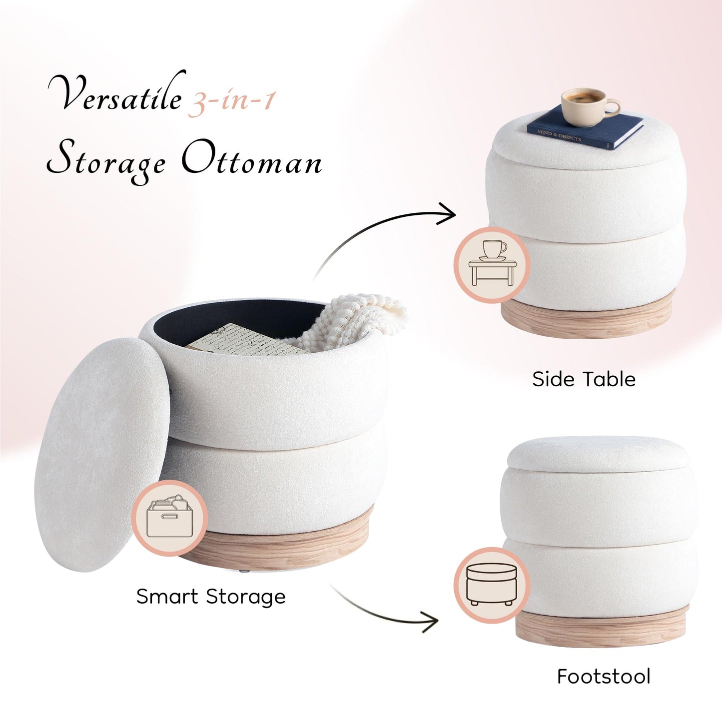 Get Set Style Round Ottoman with Wooden Base, Storage Vanity Stool for Makeup, Upholstered Footrest Stool Ottoman Foot Stool for Living Room, Bedroom