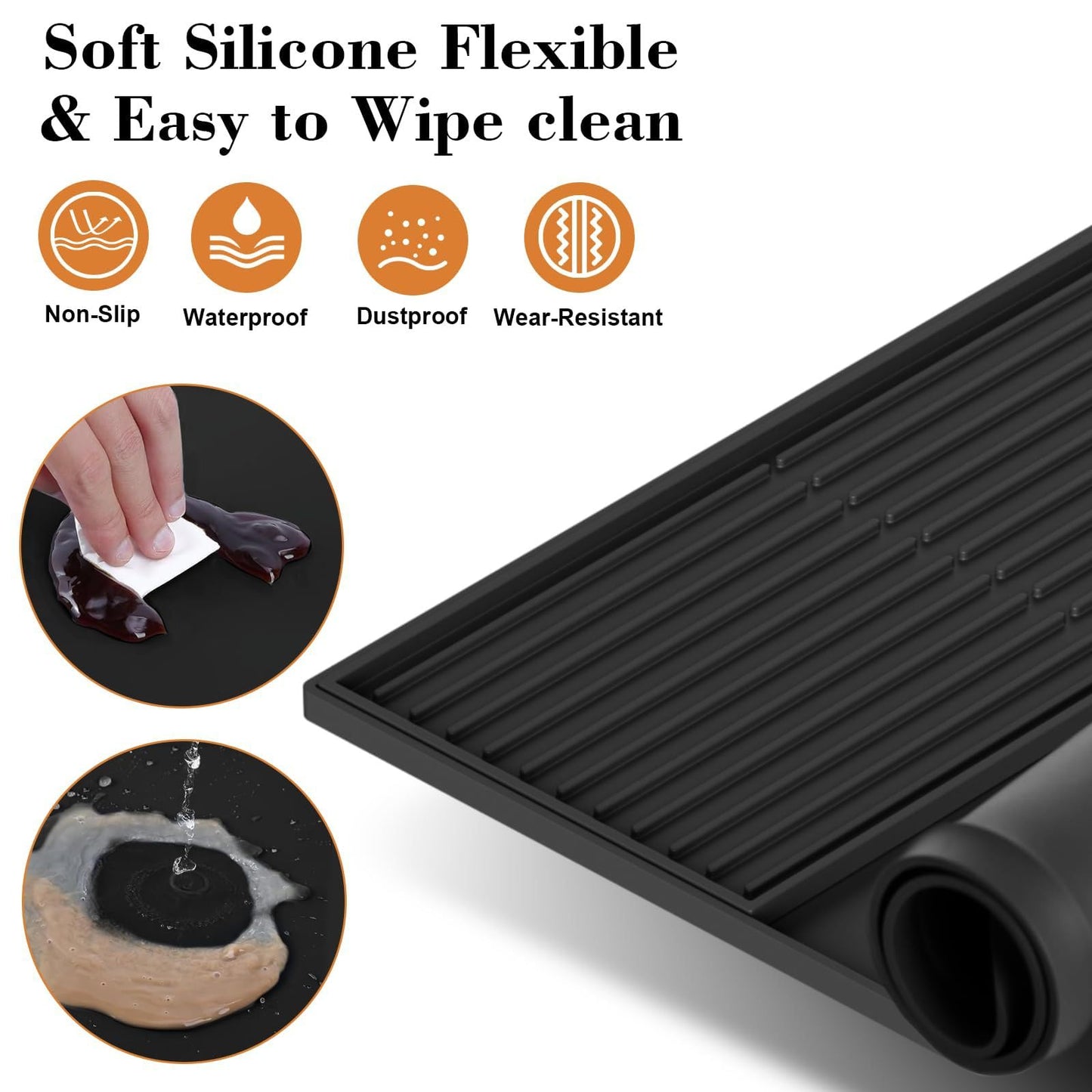 Silicone Coffee Mat, 24''x16'' Bar Mat with Detachable Dish Drying Mat,Non Slip Machine Pad,Fits Under Coffee Maker and Dish Rack,comes with a practical coffee mat cleaning brush(Black)