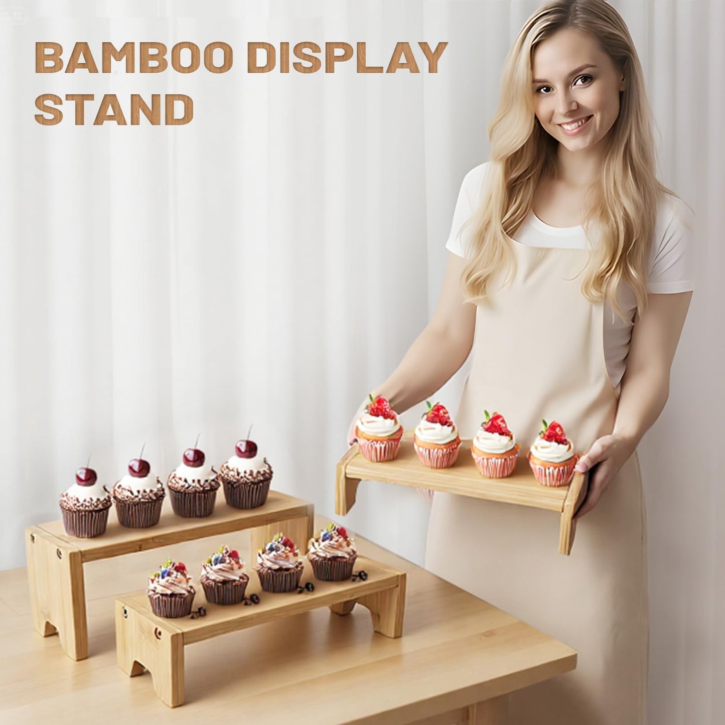 3 Tier Natural Bamboo Display Stand Risers, Exquisite Bamboo Organizer Stand for Cupcake, Perfume, Cologne, Figurine, Spice, Candle, Suitable for Table Display, Kitchen, Retail, Home Decor, Easy Installation