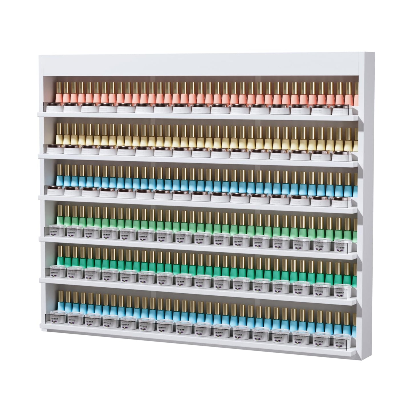 OmySalon Powder & Polish Rack - 6-Tier Double Nail Polish Organizer Wall-Mounted Salon Display Rack with Acrylic Barrier for Nail Salon Spa Home Beauty Studios (White)