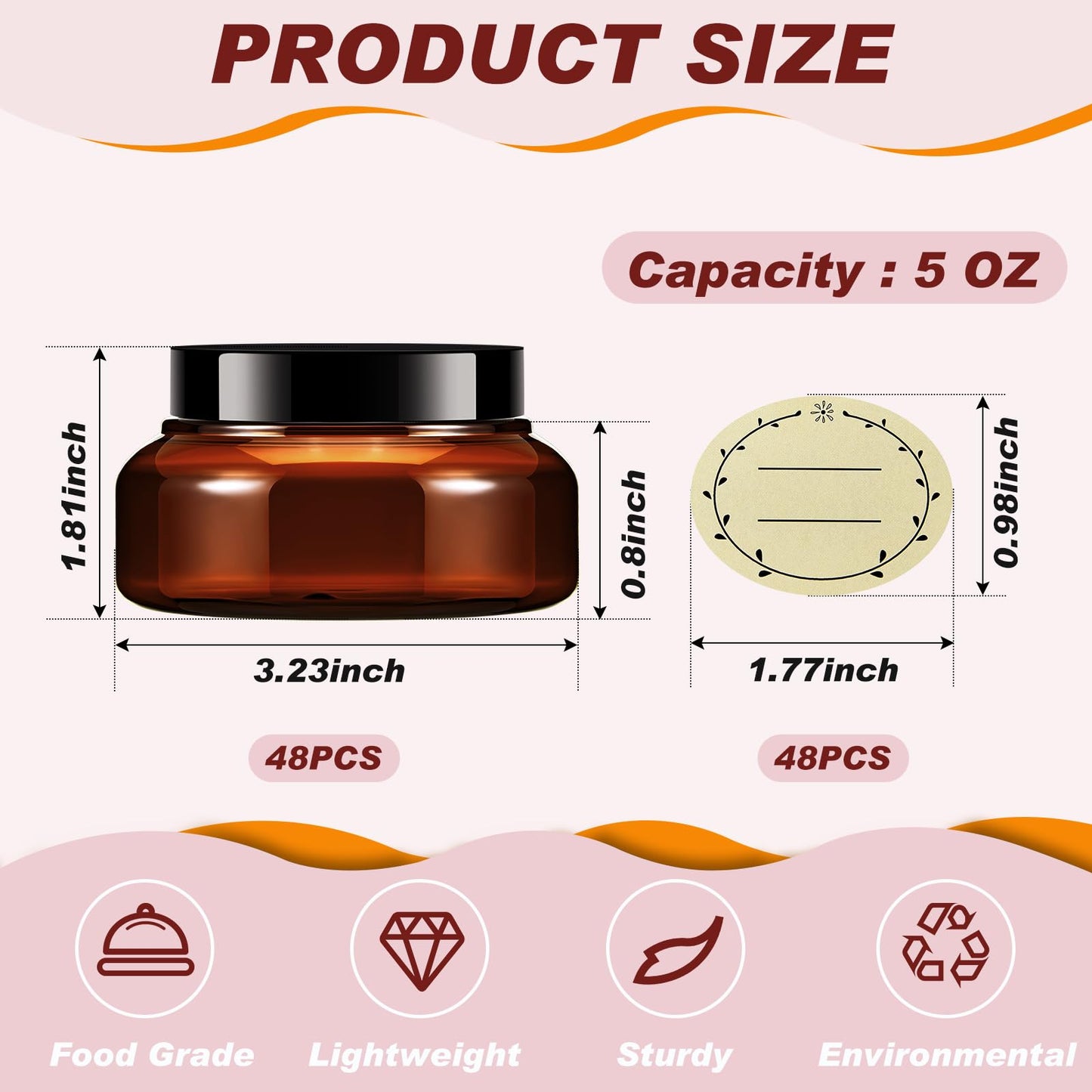 Tessco for you 48 Pack Plastic Jars with Lids Labels Multiuse Slime Containers Empty Body Scrub Jars Round Refillable Cosmetic Body Butter Container for Makeup (5 oz,Brown)