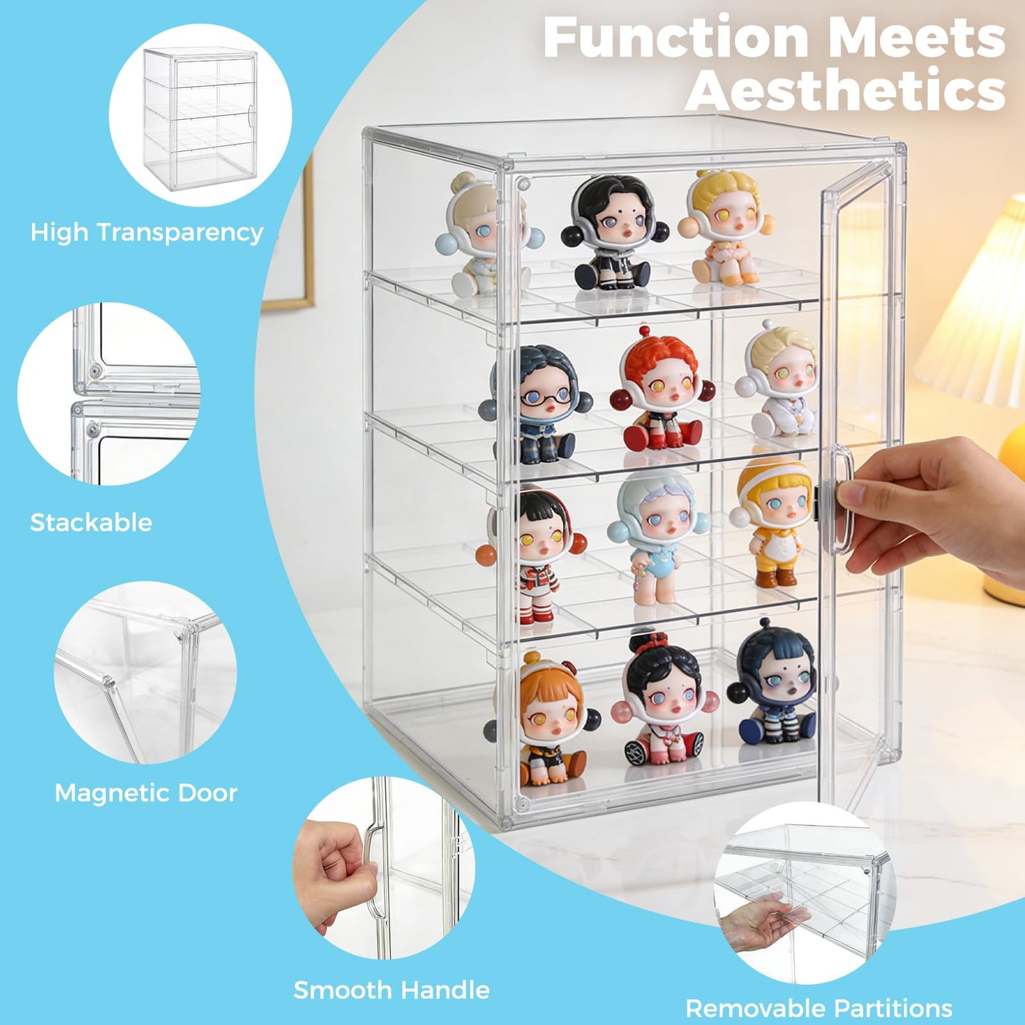 Extra Large 15.7'' Tall Acrylic Display Case with 3 Removable Dividers, Stackable Clear Action Figure Showcase with Magnetic Door, Large Storage Box for LEGO, Dioramas, Books & Collectibles