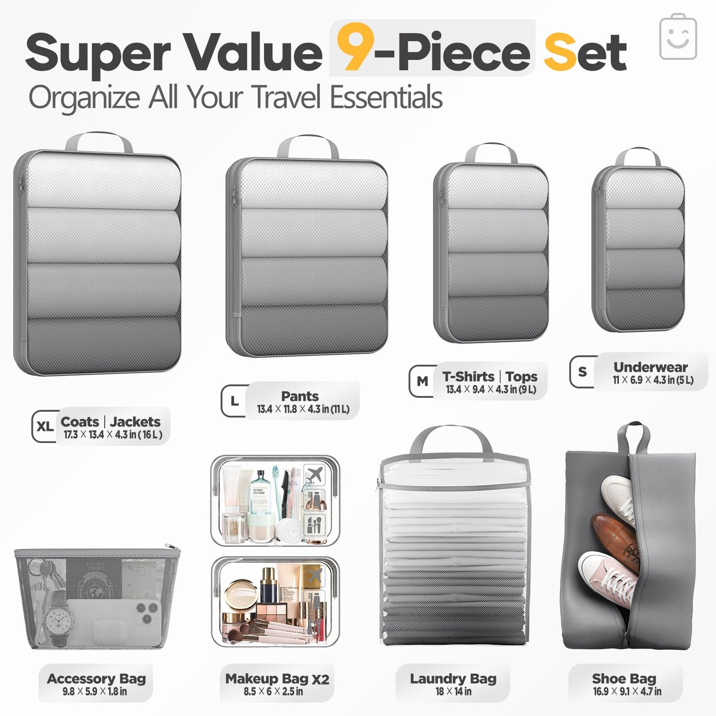 Veken 9/11 Set Compression Packing Cubes for Travel Essentials,Compressible Expandable Large Luggage Suitcase Organizer Bags for Clothing,Space Saver Bags with Over 1000 pcs of Mesh Holes(Gray)